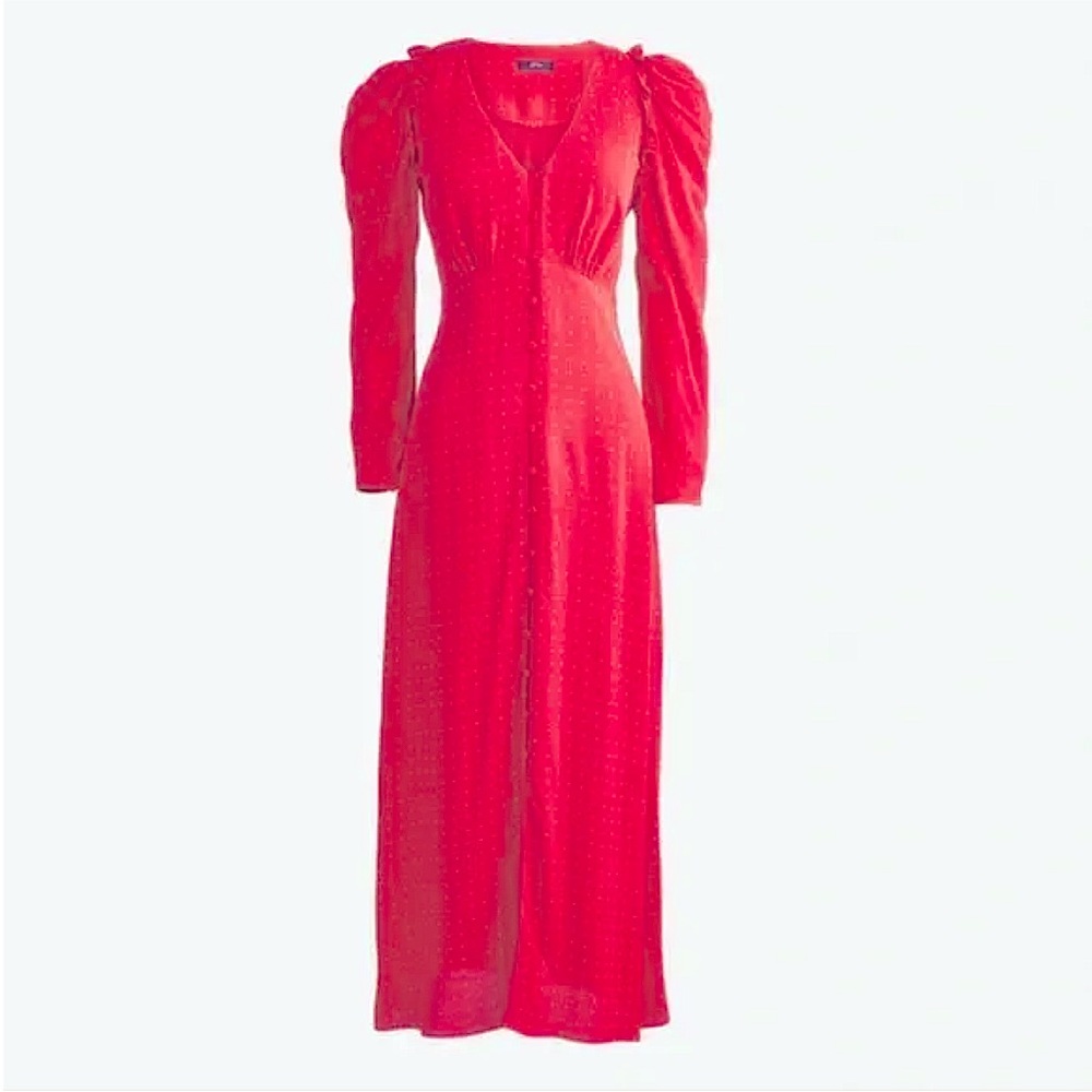 J. Crew Drapey Puff Sleeve Ruffled Red and White Polka Dot Dress Size 8 NWT